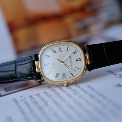 Vintage Certina Vendôme Lugs Watch 80s Gold Quartz Roman Dial