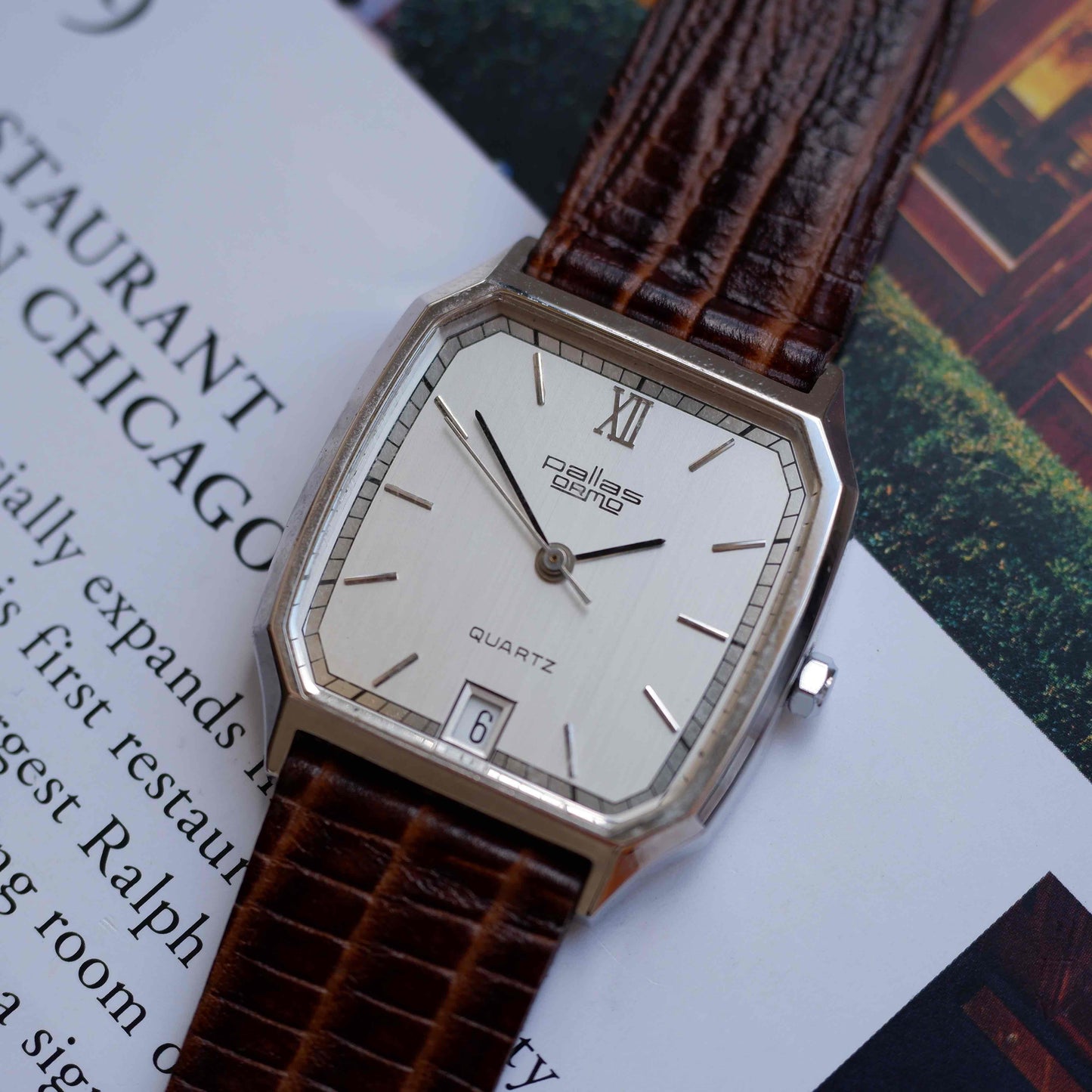Vintage Pallas Ormo Tank Style 80s Silver Roman Dial with Date - NOS
