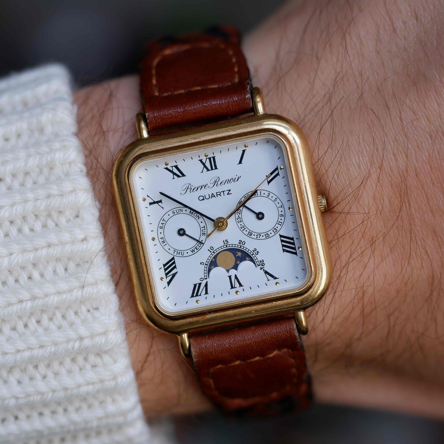 Vintage Pierre Renoir Moon Phase Day-Date Dress Watch 90s Gold Quartz MINT
