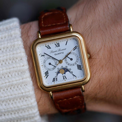 Vintage Pierre Renoir Moon Phase Day-Date Dress Watch 90s Gold Quartz MINT