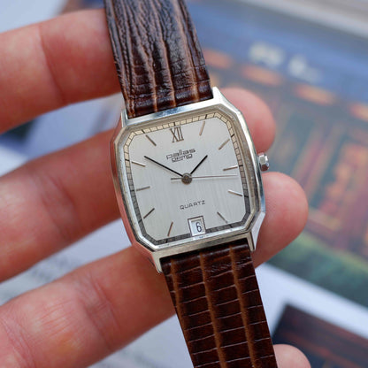Vintage Pallas Ormo Tank Style 80s Silver Roman Dial with Date - NOS