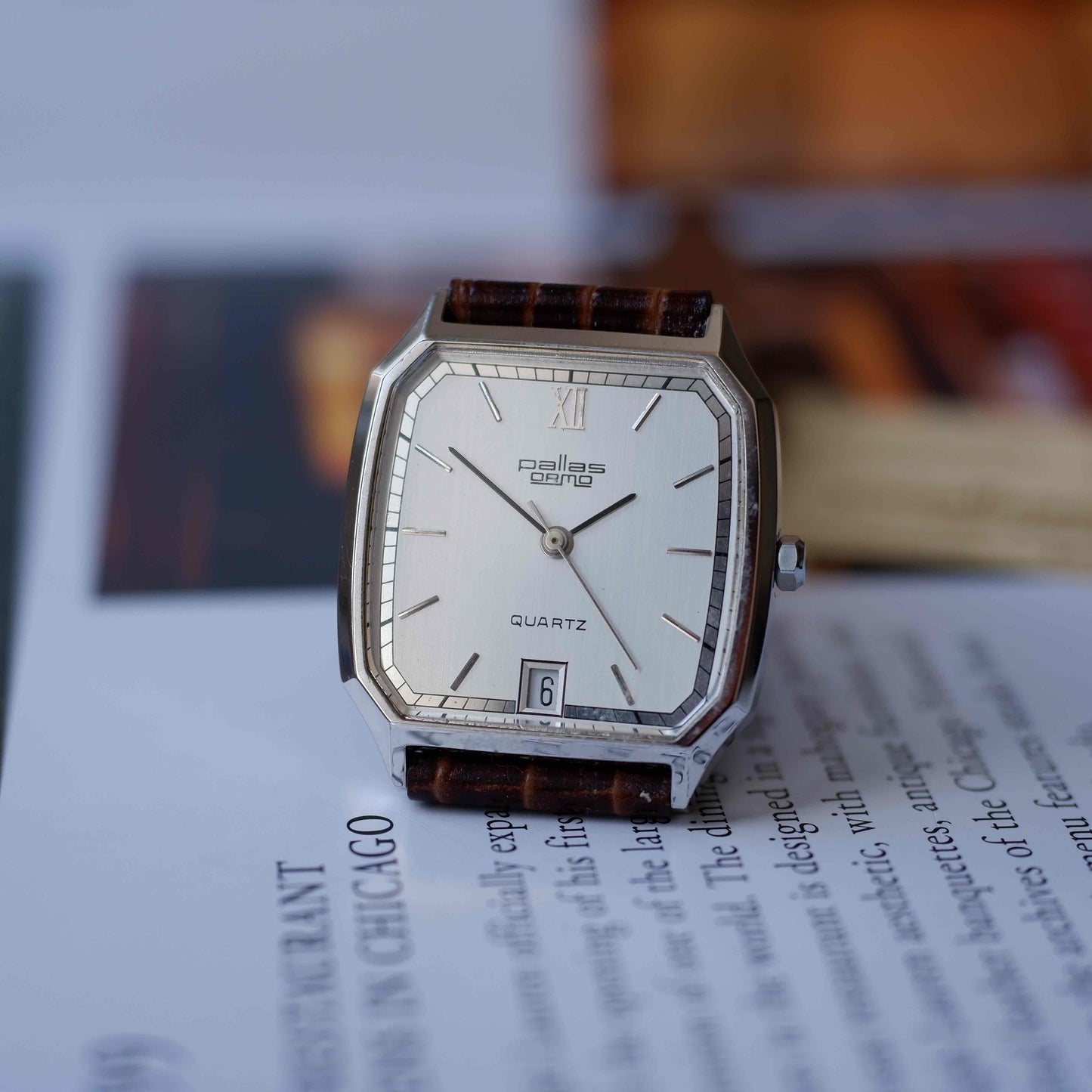 Vintage Pallas Ormo Tank Style 80s Silver Roman Dial with Date - NOS
