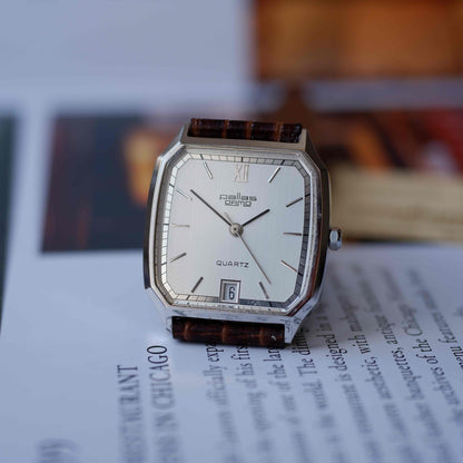 Vintage Pallas Ormo Tank Style 80s Silver Roman Dial with Date - NOS