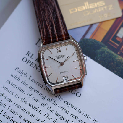 Vintage Pallas Ormo Tank Style 80s Silver Roman Dial with Date - NOS