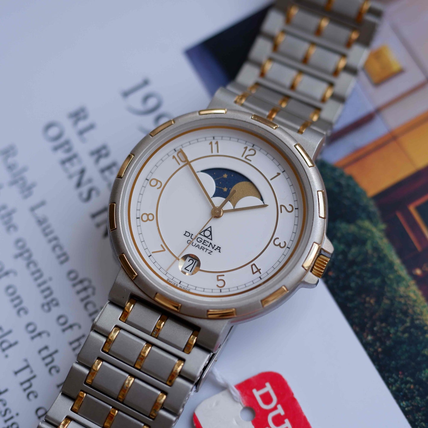 Vintage Dugena Moon Phase 80s White Arabic Dial - NOS