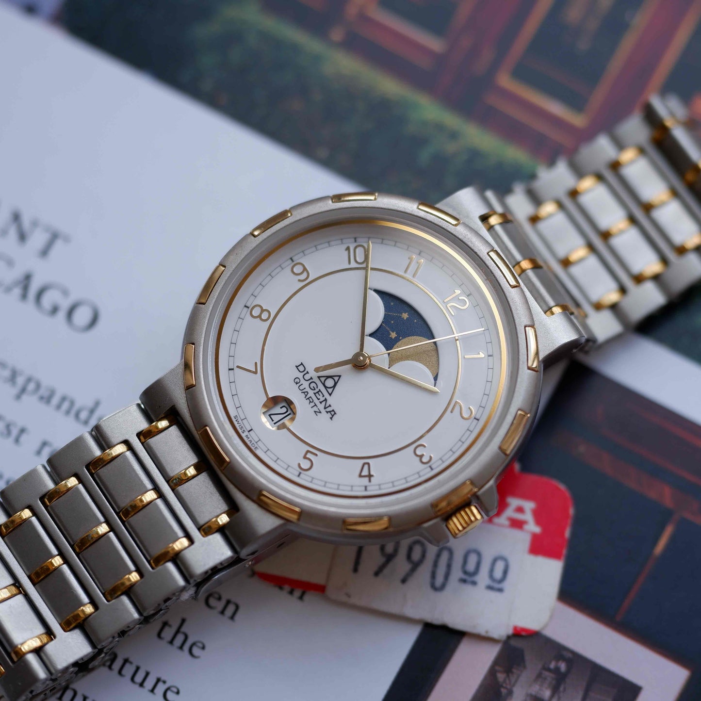 Vintage Dugena Moon Phase 80s White Arabic Dial - NOS