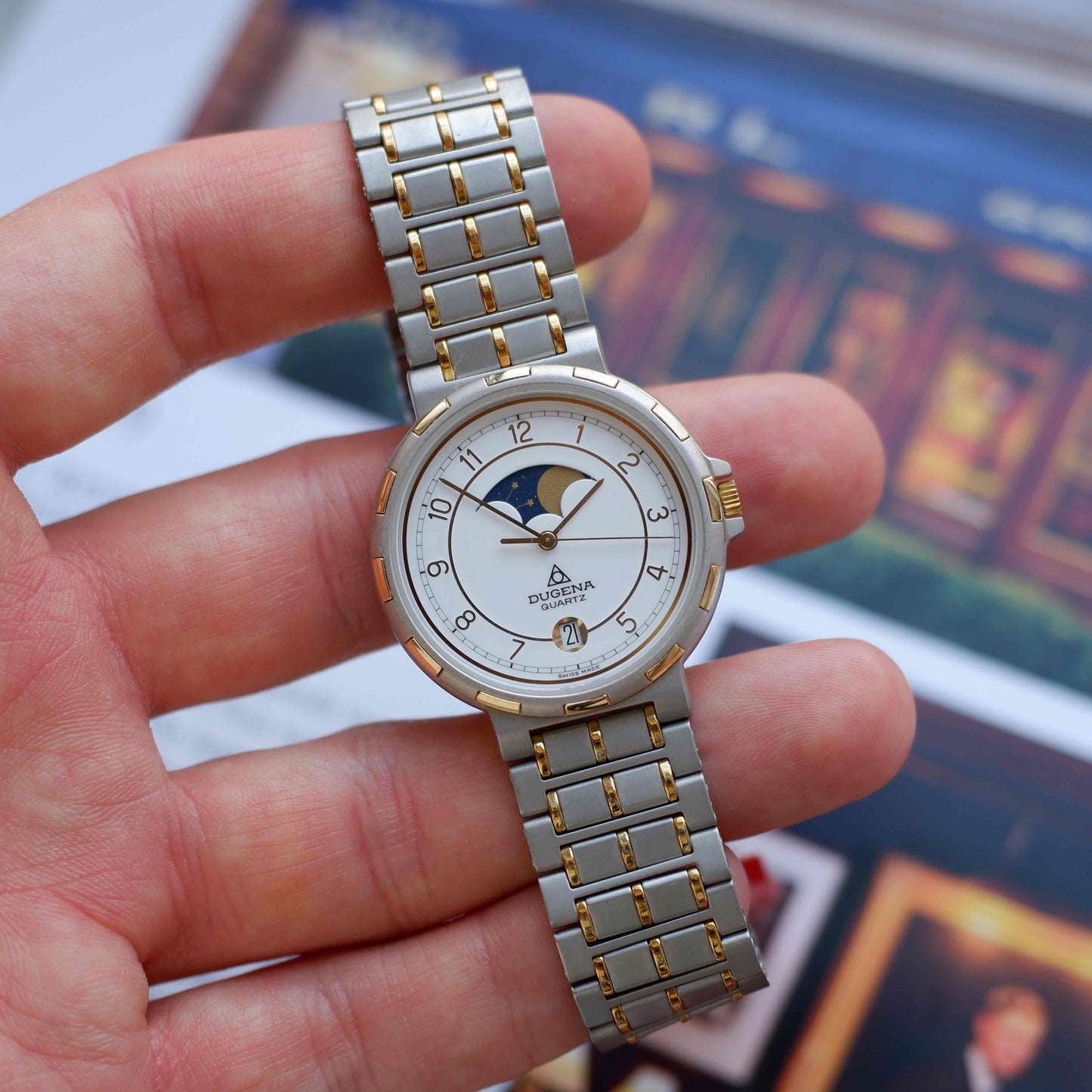 Vintage Dugena Moon Phase 80s White Arabic Dial - NOS