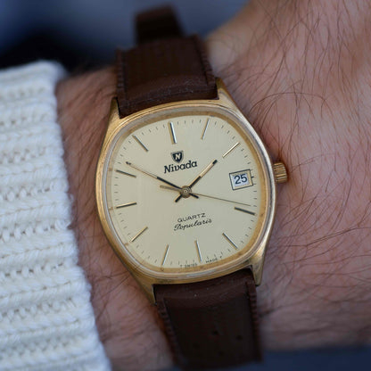 Vintage Nivada Popularis 80s Gold Case Minimalist Swiss Quartz