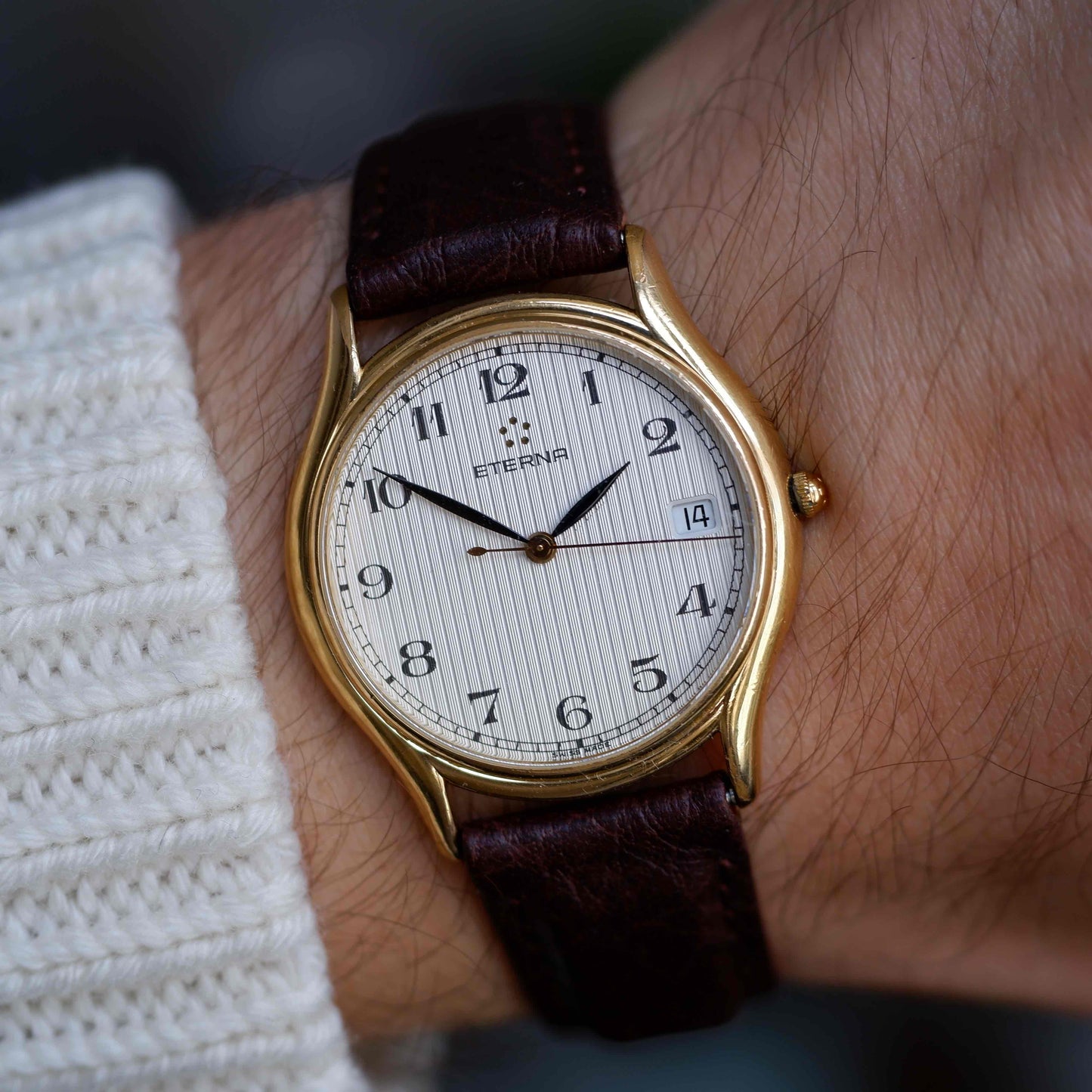 Vintage Eterna Dress Watch 90s Gold Ivory Structured Dial Date