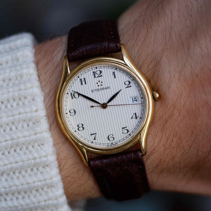 Vintage Eterna Dress Watch 90s Gold Ivory Structured Dial Date