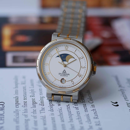Vintage Dugena Moon Phase 80s White Arabic Dial - NOS