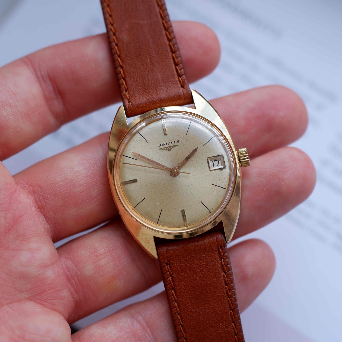 Vintage Longines Gold Tone Date Watch Champagne Dial 70s