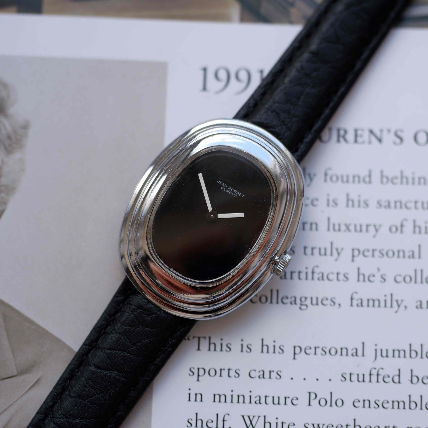 Vintage Jean Perret Genève Stepped Oval Black Dial Watch 70s