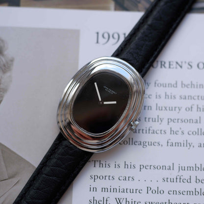 Vintage Jean Perret Genève Stepped Oval Black Dial Watch 70s