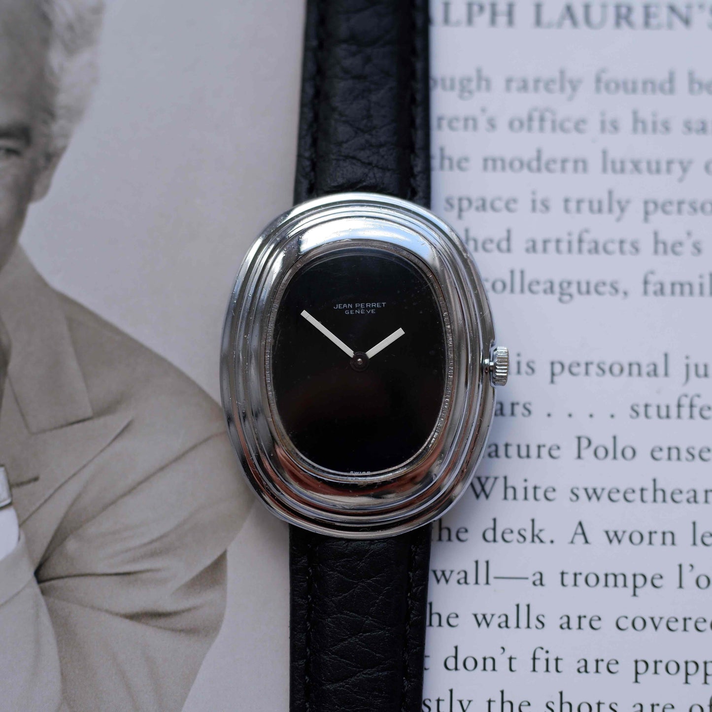 Vintage Jean Perret Genève Stepped Oval Black Dial Watch 70s