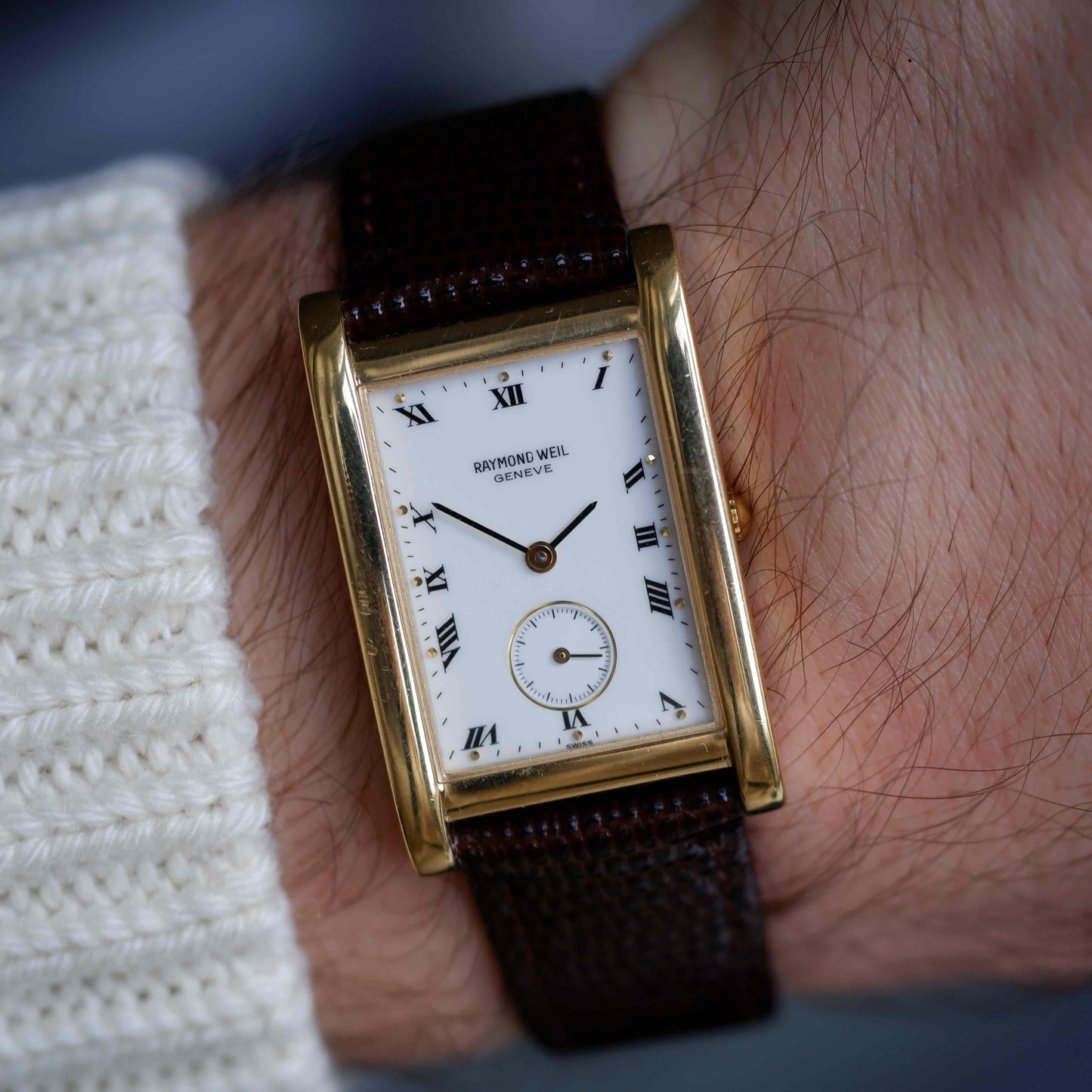 Vintage Raymond Weil Tank Dress Watch Golden White Roman Dial
