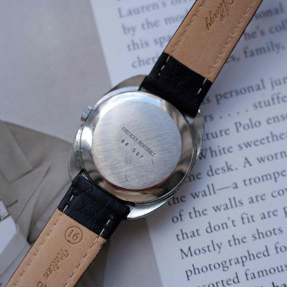 Vintage Jean Perret Genève Stepped Oval Black Dial Watch 70s