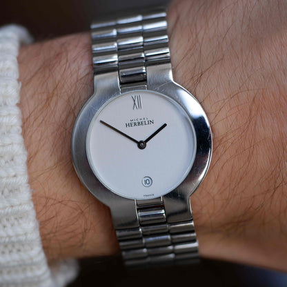 Vintage Michel Herbelin Minimalist Silver White Dial 90s Steel