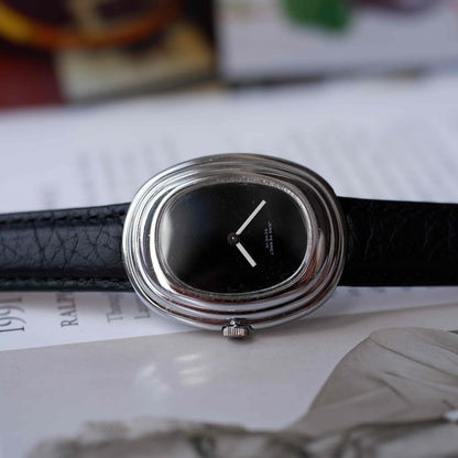 Vintage Jean Perret Genève Stepped Oval Black Dial Watch 70s