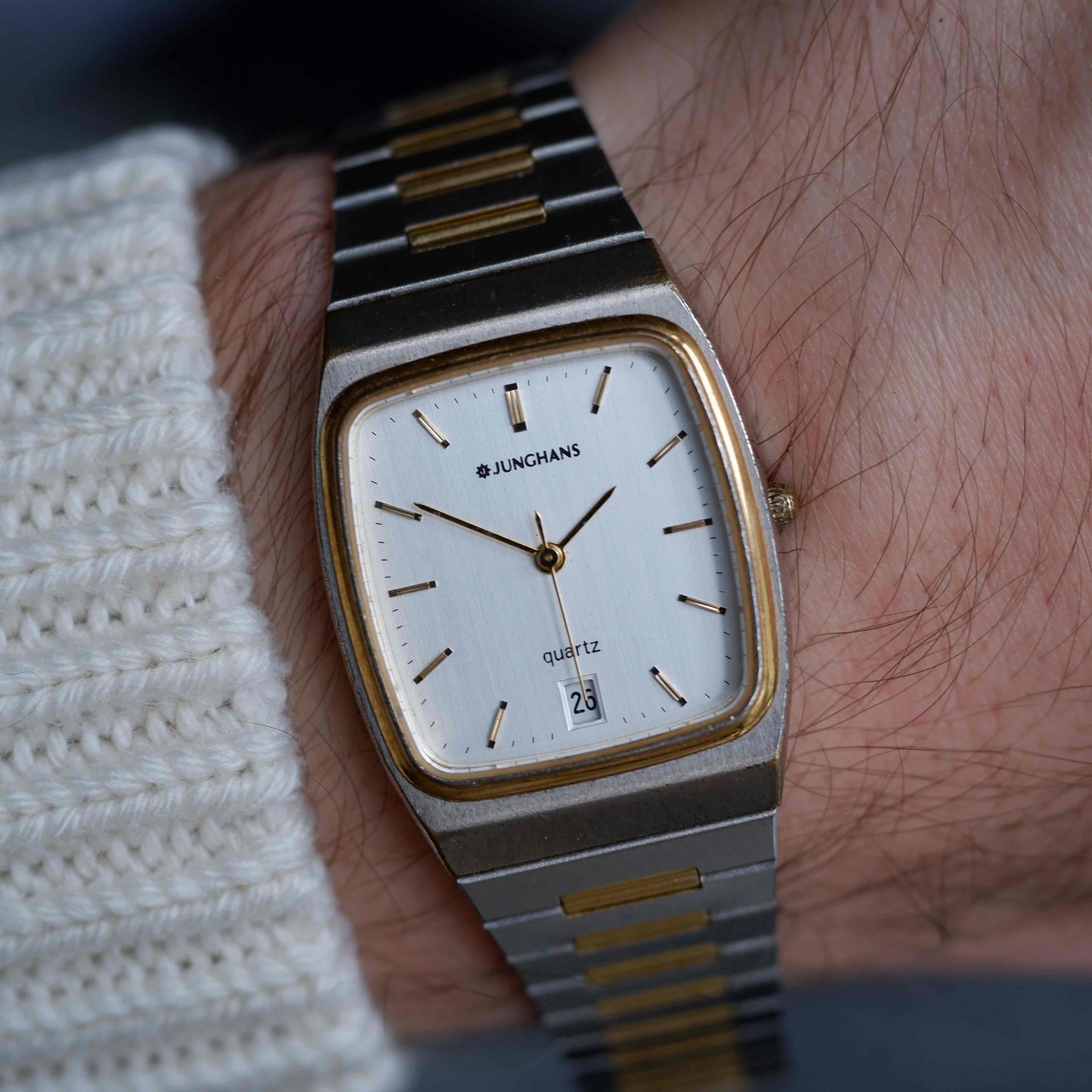 Vintage Junghans Tank Watch Date 70s Two-Tone Integrated Bracelet