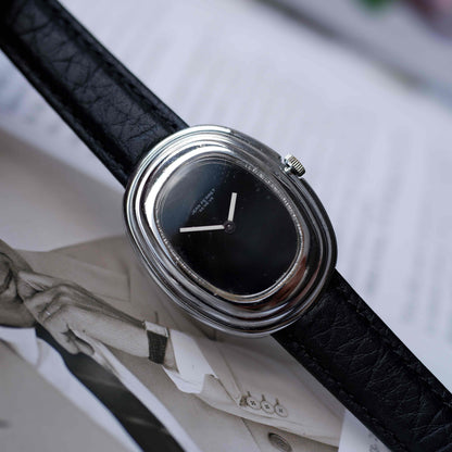 Vintage Jean Perret Genève Stepped Oval Black Dial Watch 70s