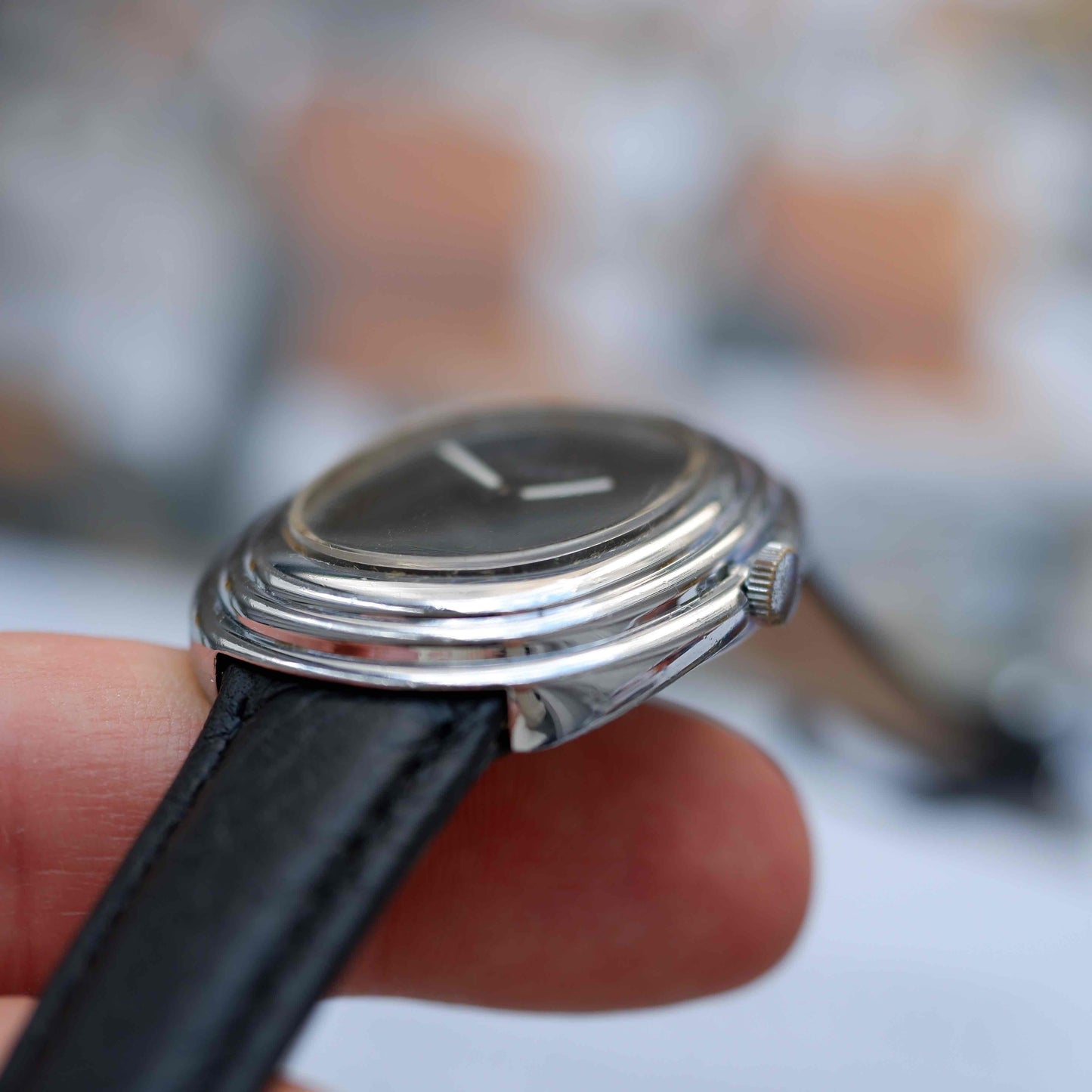 Vintage Jean Perret Genève Stepped Oval Black Dial Watch 70s