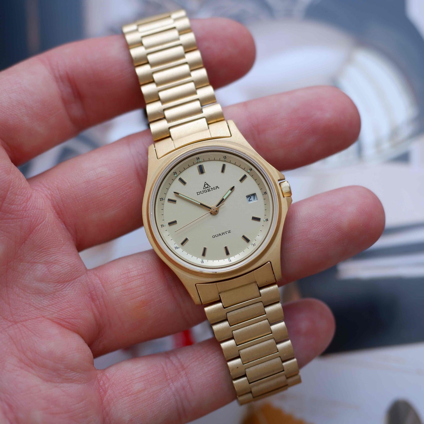 Vintage Dugena Golden 80s Champagne Dial with Date - NOS