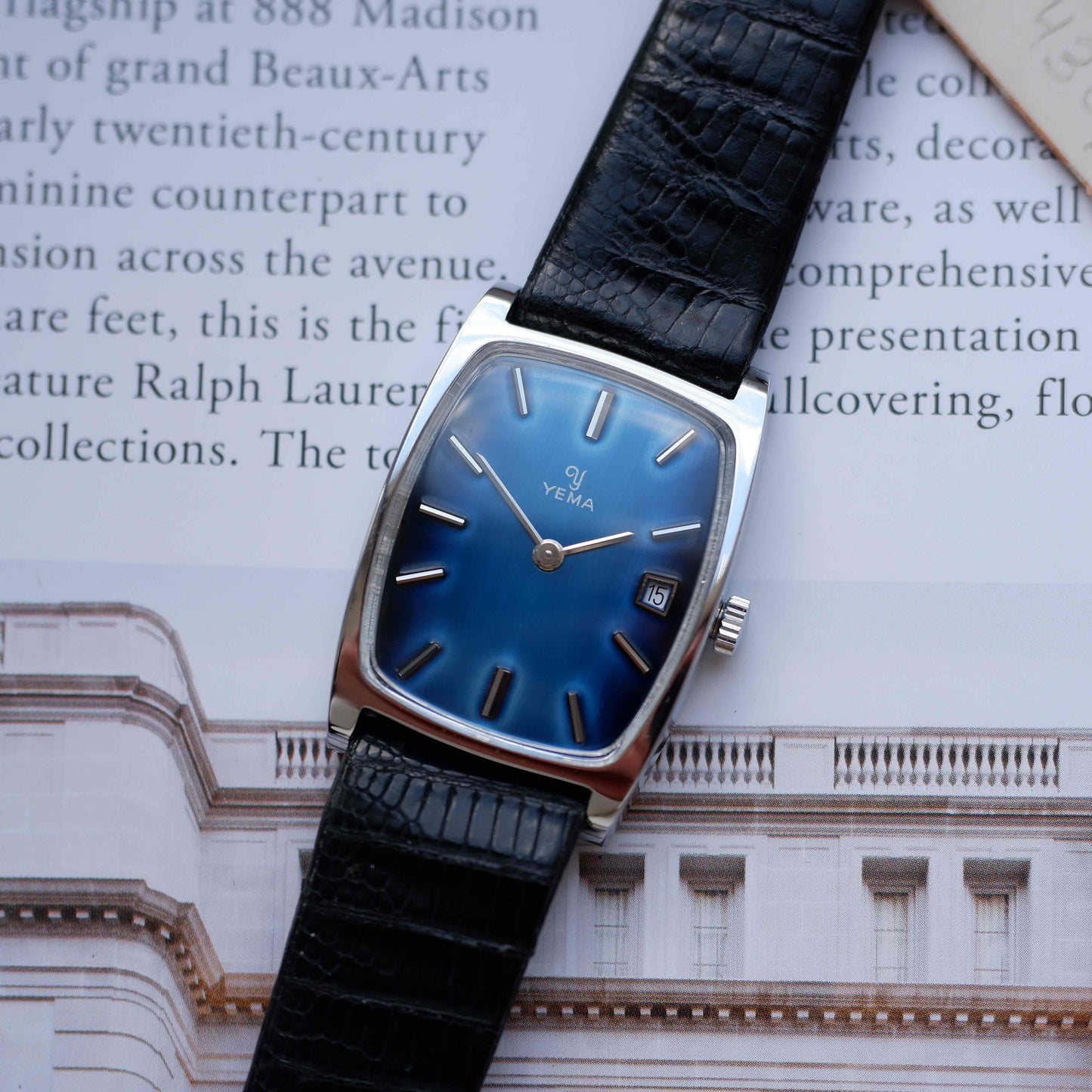 Vintage Yema Tank Blue Fumé Dial Stell Case Date 70s - NOS