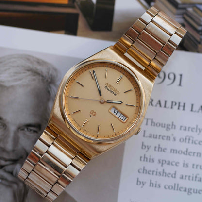 Vintage Seiko Quartz Day Date 90s with Gold Burst Dial and Roman Day