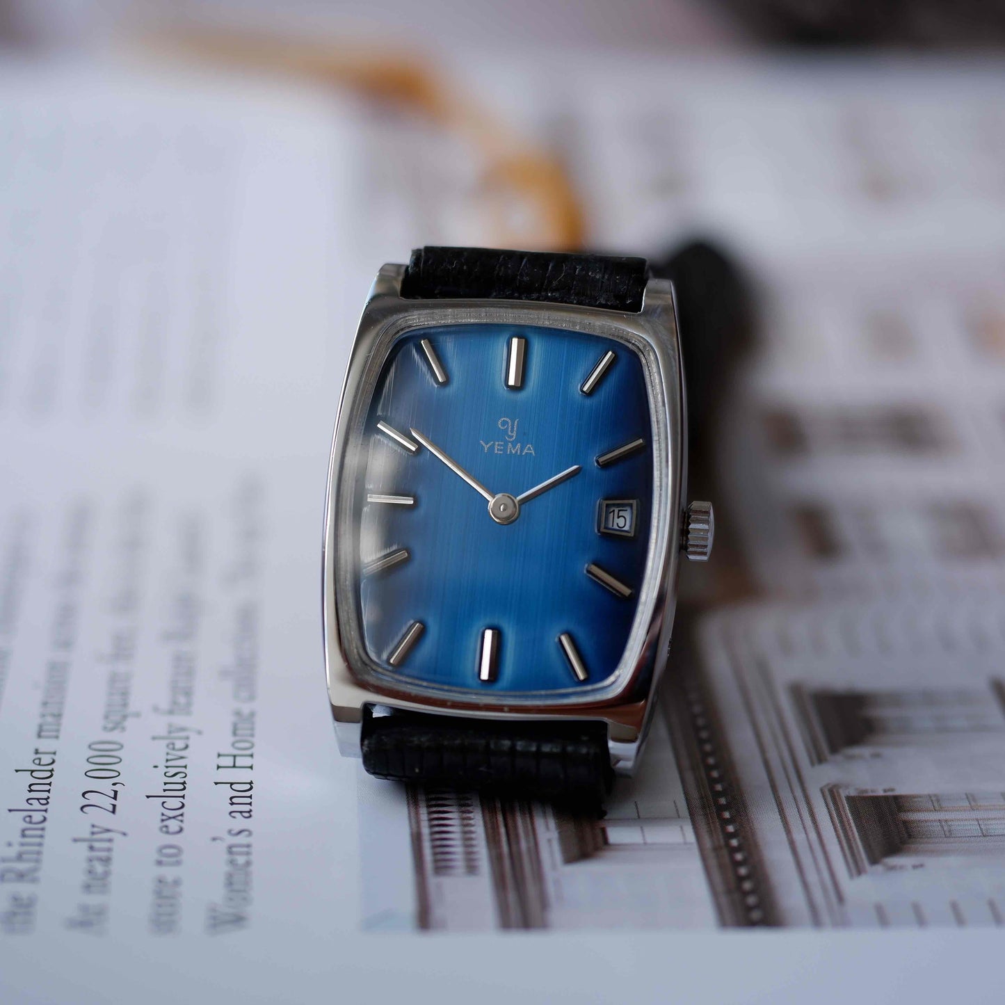 Vintage Yema Tank Blue Fumé Dial Stell Case Date 70s - NOS