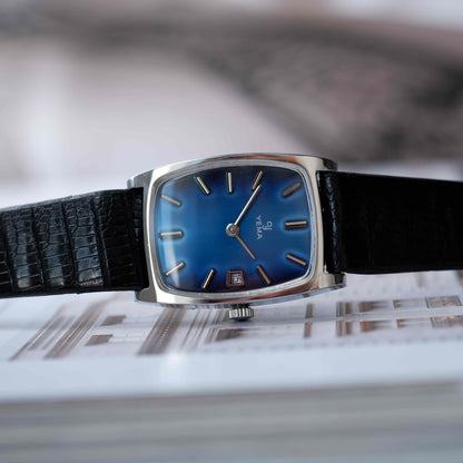 Vintage Yema Tank Blue Fumé Dial Stell Case Date 70s - NOS