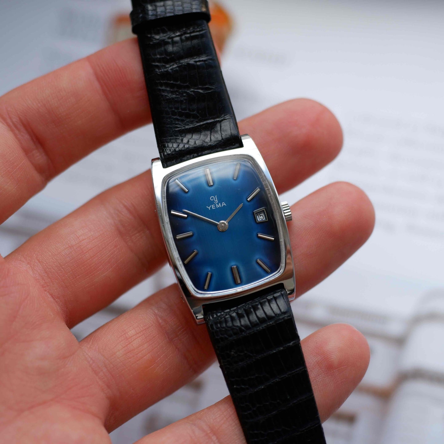Vintage Yema Tank Blue Fumé Dial Stell Case Date 70s - NOS