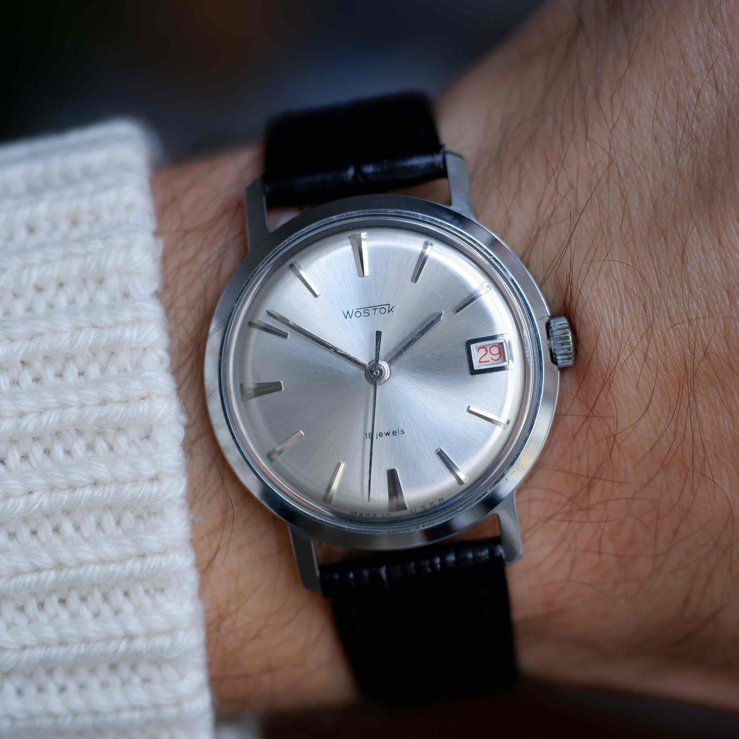 Vintage Vostok Dress Watch Silver Sunburst Dial Date Mechanical 70s MINT