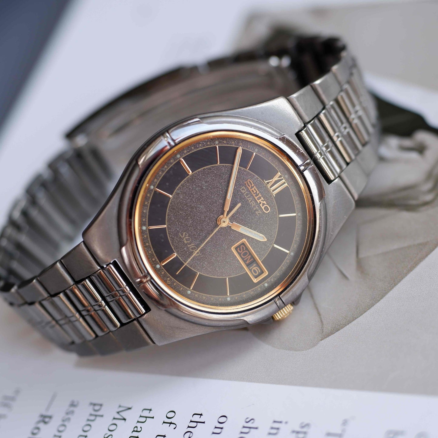 Vintage Seiko SQ100 Day-Date Black and Gold Frosted Dial 80s