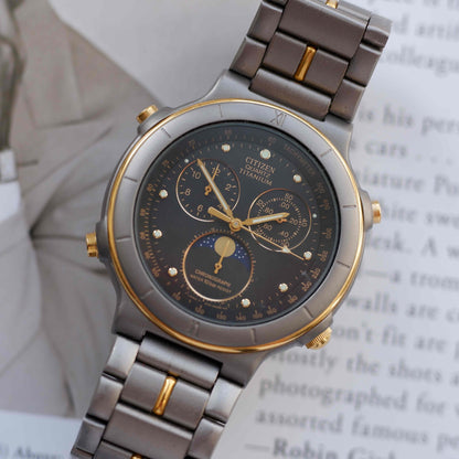 Vintage Citizen Moon Phase Chronograph Titan Watch 90s Gold Quartz MINT