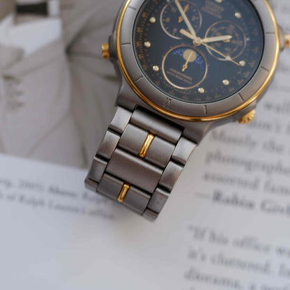 Vintage Citizen Moon Phase Chronograph Titan Watch 90s Gold Quartz MINT