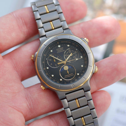 Vintage Citizen Moon Phase Chronograph Titan Watch 90s Gold Quartz MINT