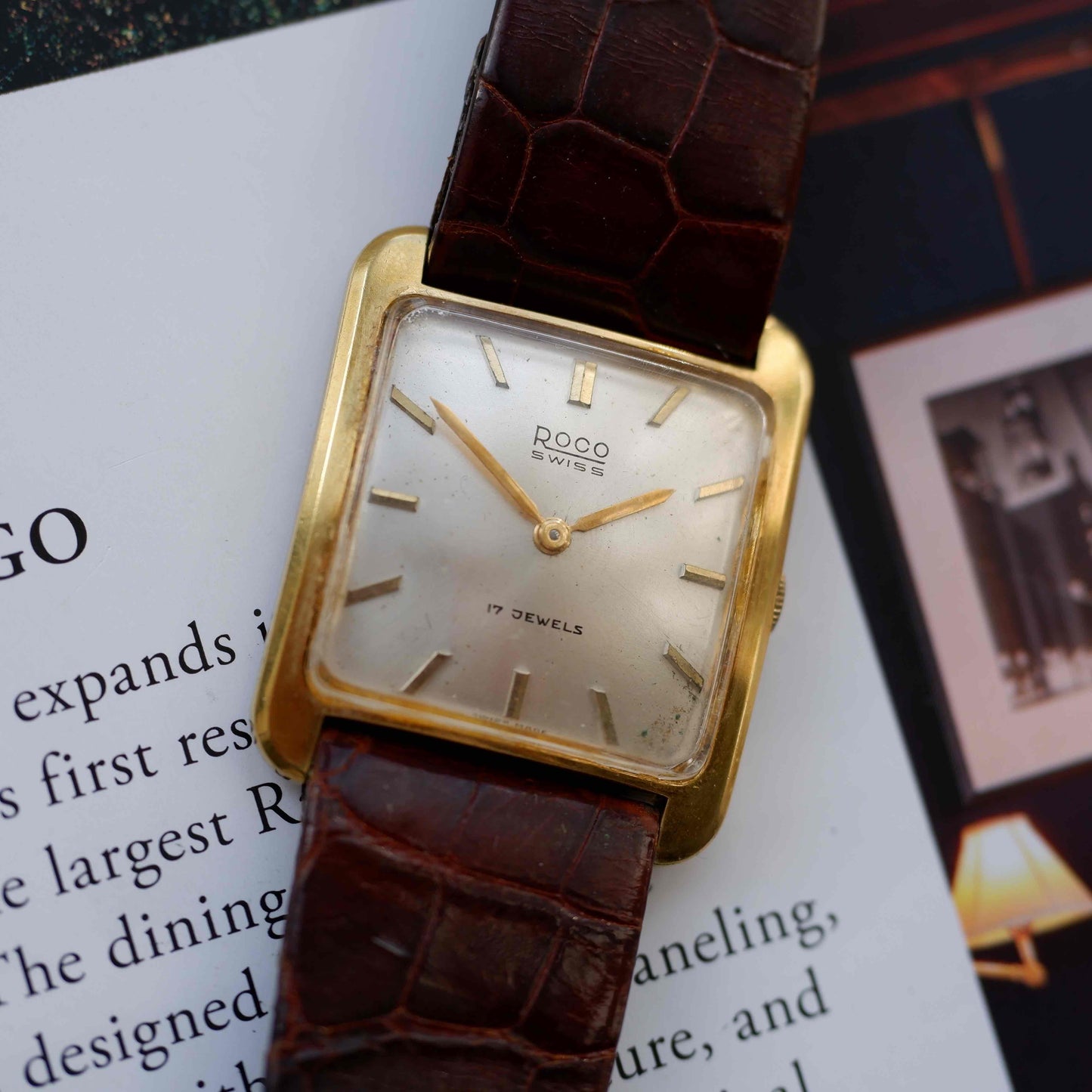 Vintage Roco Mechanical 70s Tank Gold White Dial Swiss