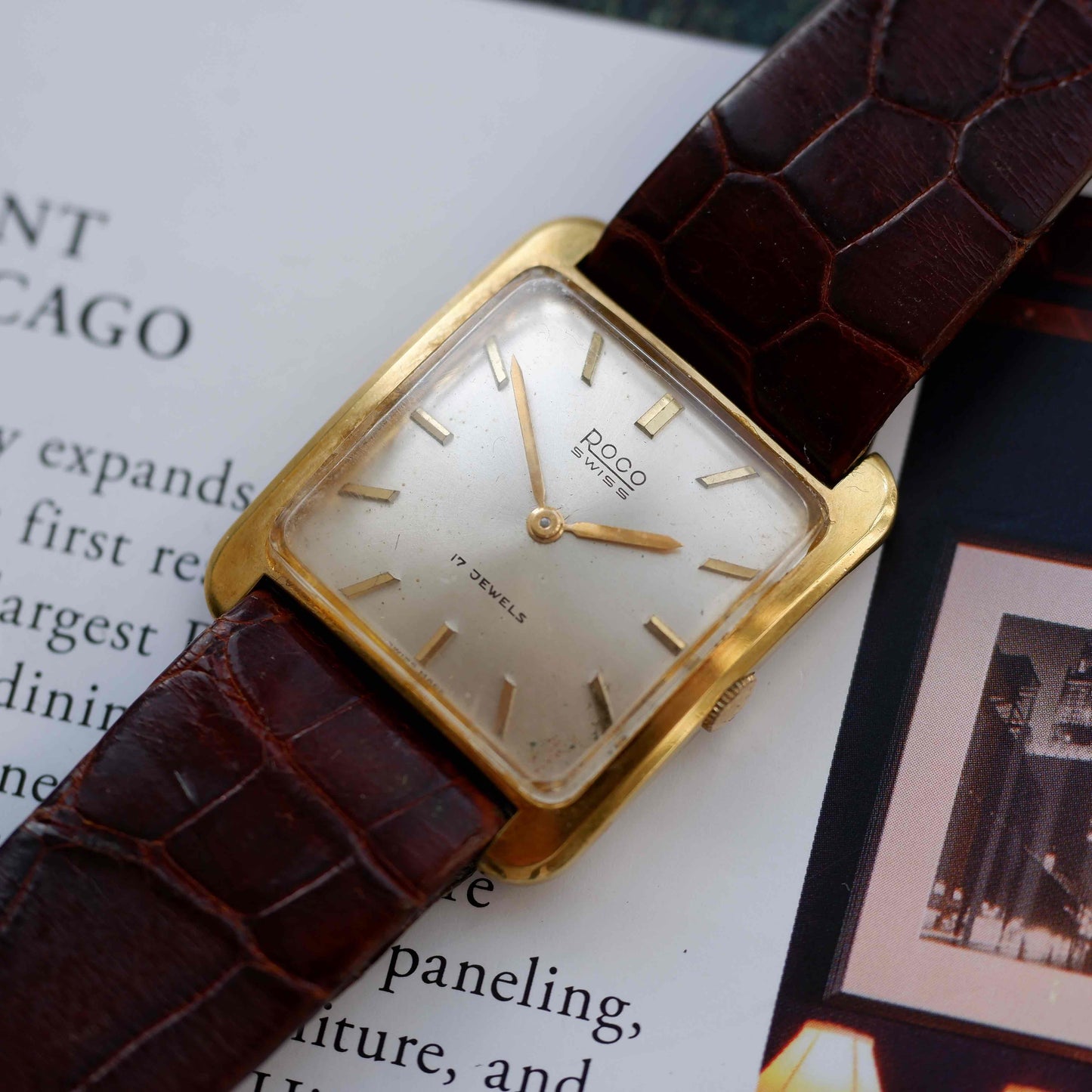 Vintage Roco Mechanical 70s Tank Gold White Dial Swiss