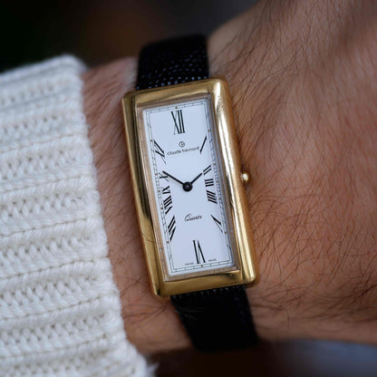 Vintage Claude Bernard Tank Watch Roman Dial 80s Gold Curved Case