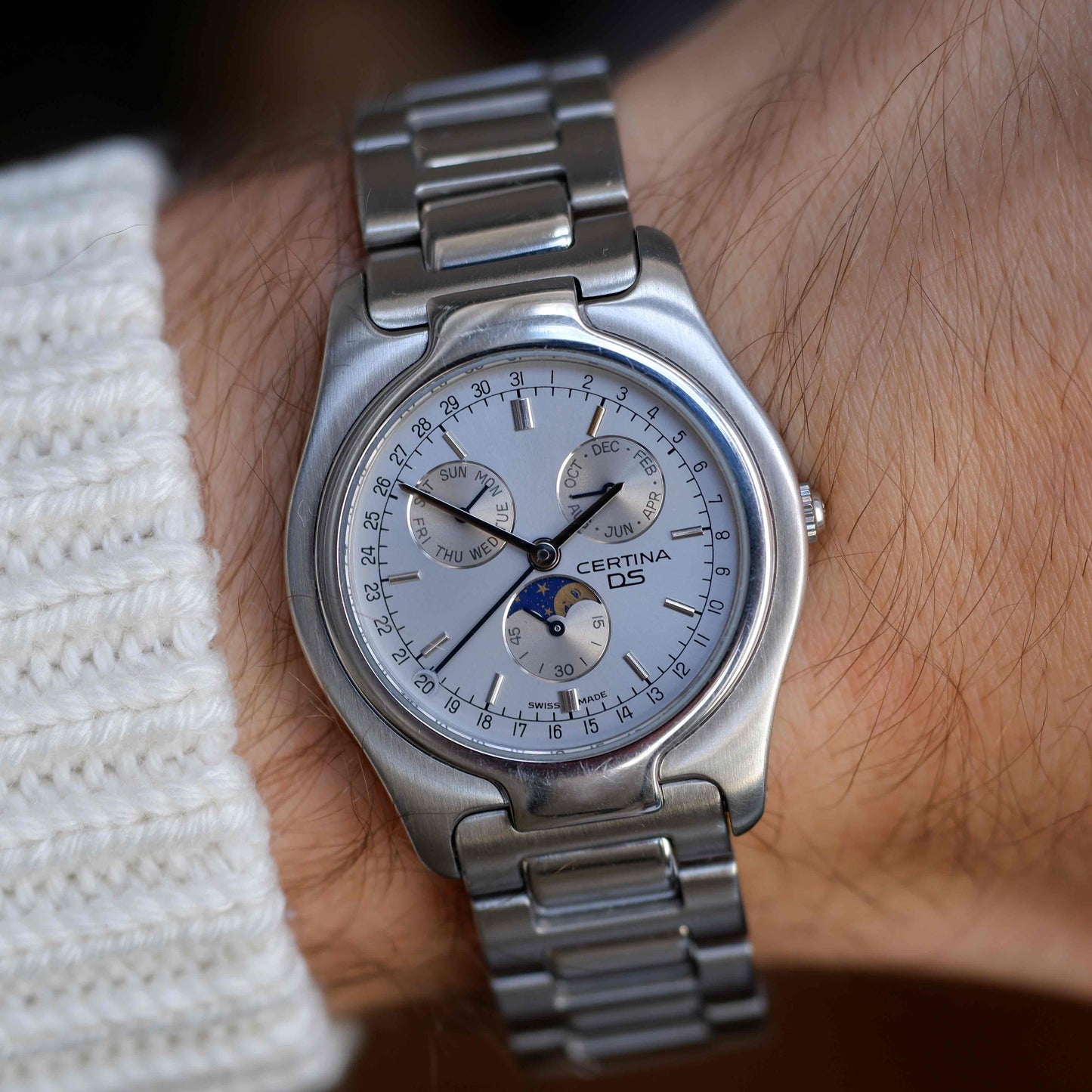 Vintage Certina Moon Phase Watch Silver 90s Quartz - MINT
