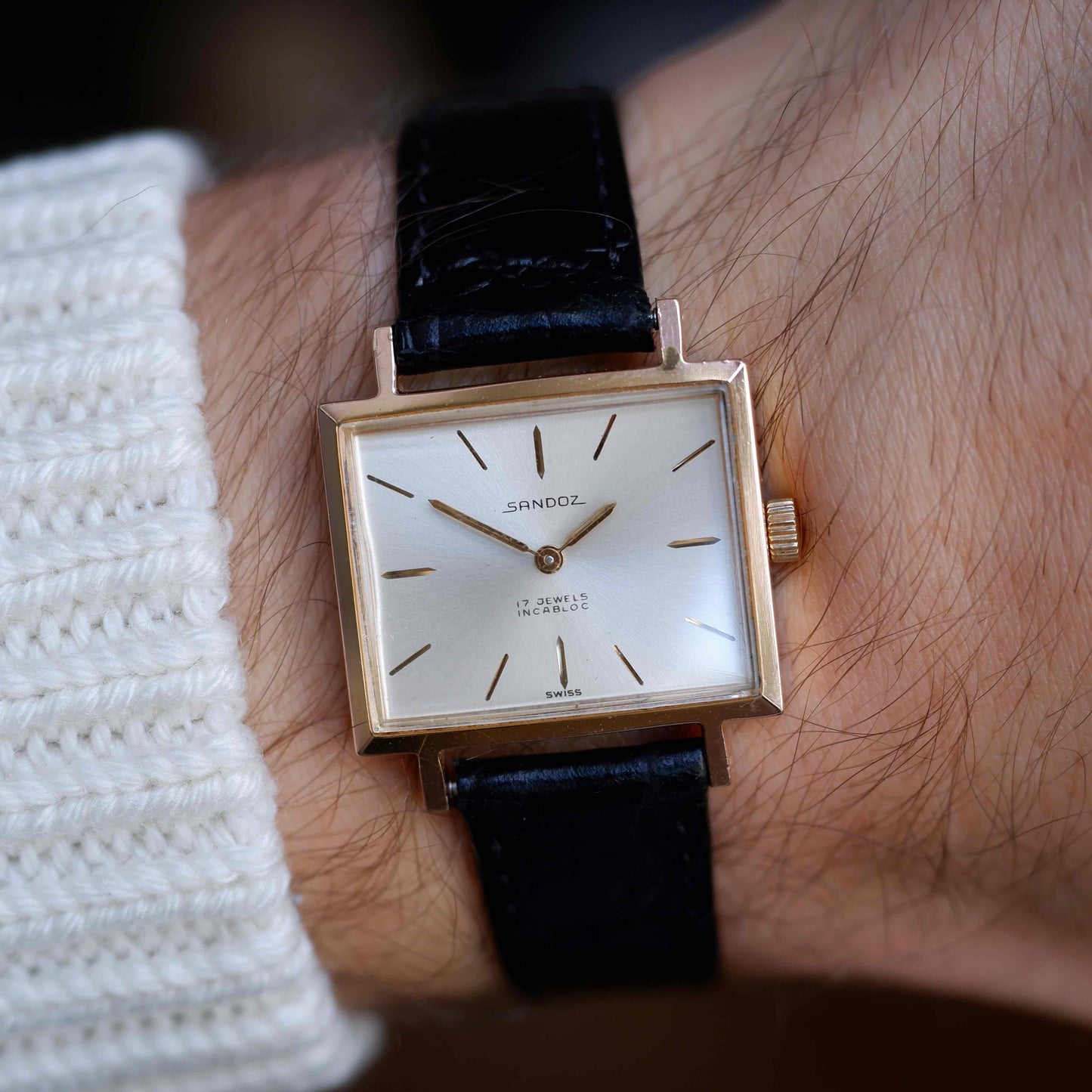 Vintage Sandoz Dress Watch Mechanical Golden White Sunburst Dial - MINT