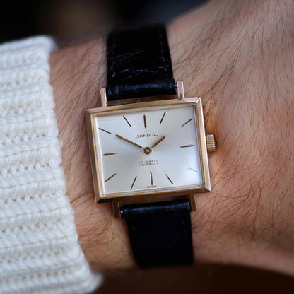 Vintage Sandoz Dress Watch Mechanical Golden White Sunburst Dial - MINT