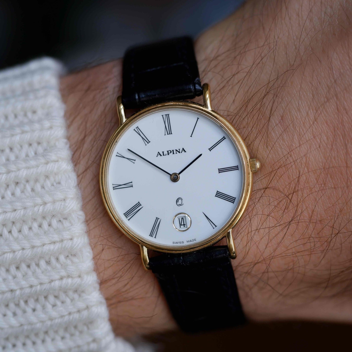 Vintage Alpina White Dial Golden Roman Numerals Quartz 80s
