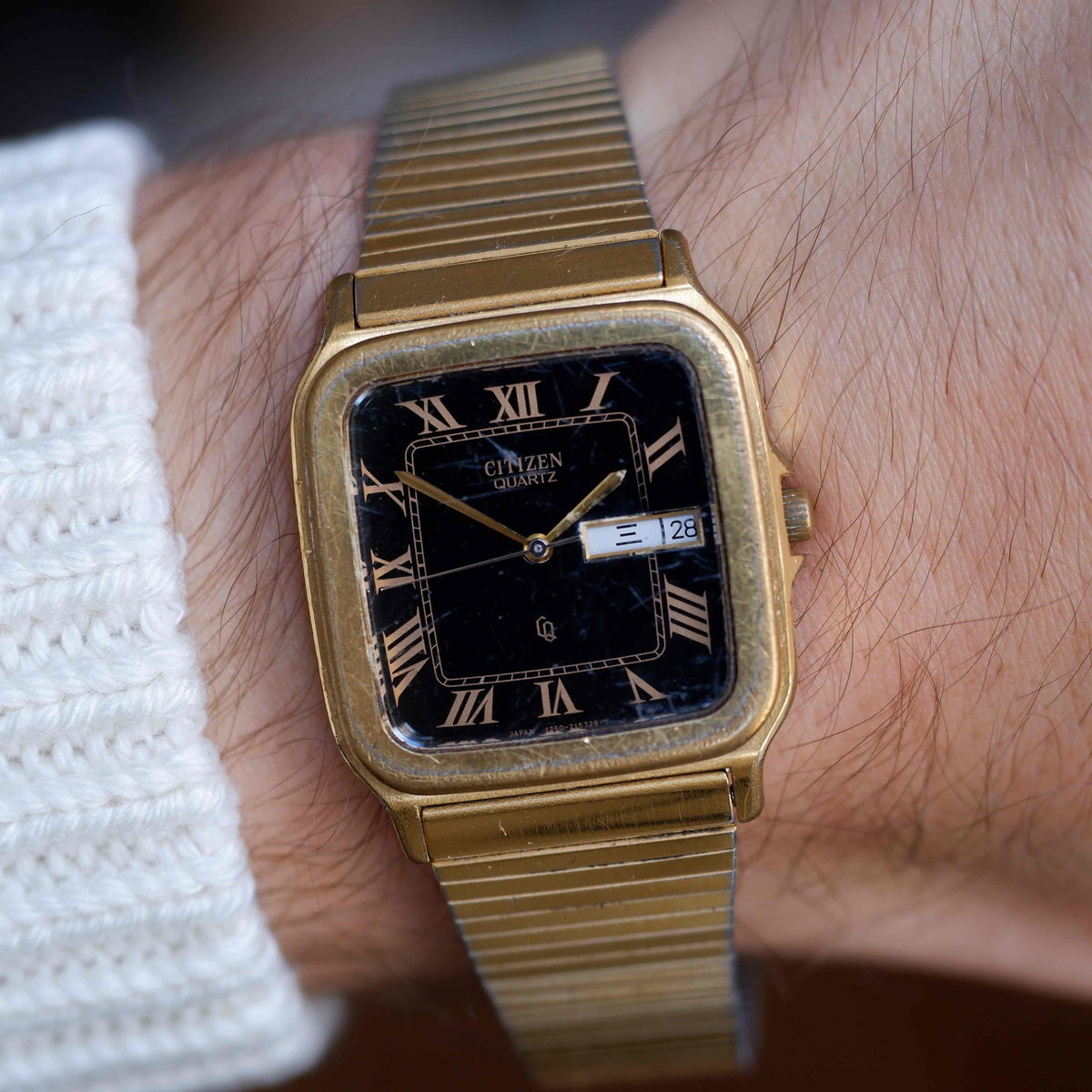 Vintage Citizen Square Watch 80s Gold Black Roman Dial Day-Date Quartz