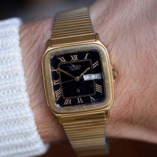 Vintage Citizen Square Watch 80s Gold Black Roman Dial Day-Date Quartz