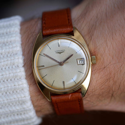 Vintage Longines Gold Tone Date Watch Champagne Dial 70s