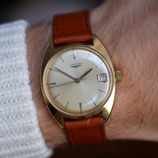 Vintage Longines Gold Tone Date Watch Champagne Dial 70s