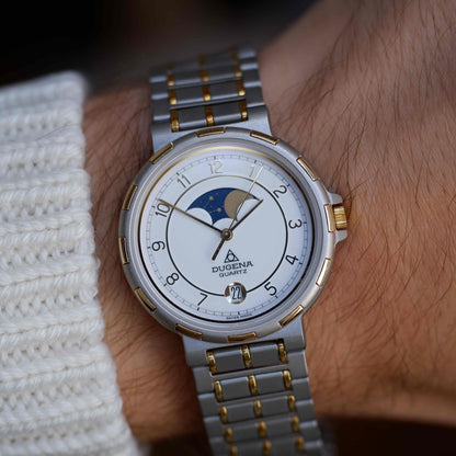 Vintage Dugena Moon Phase 80s White Arabic Dial - NOS