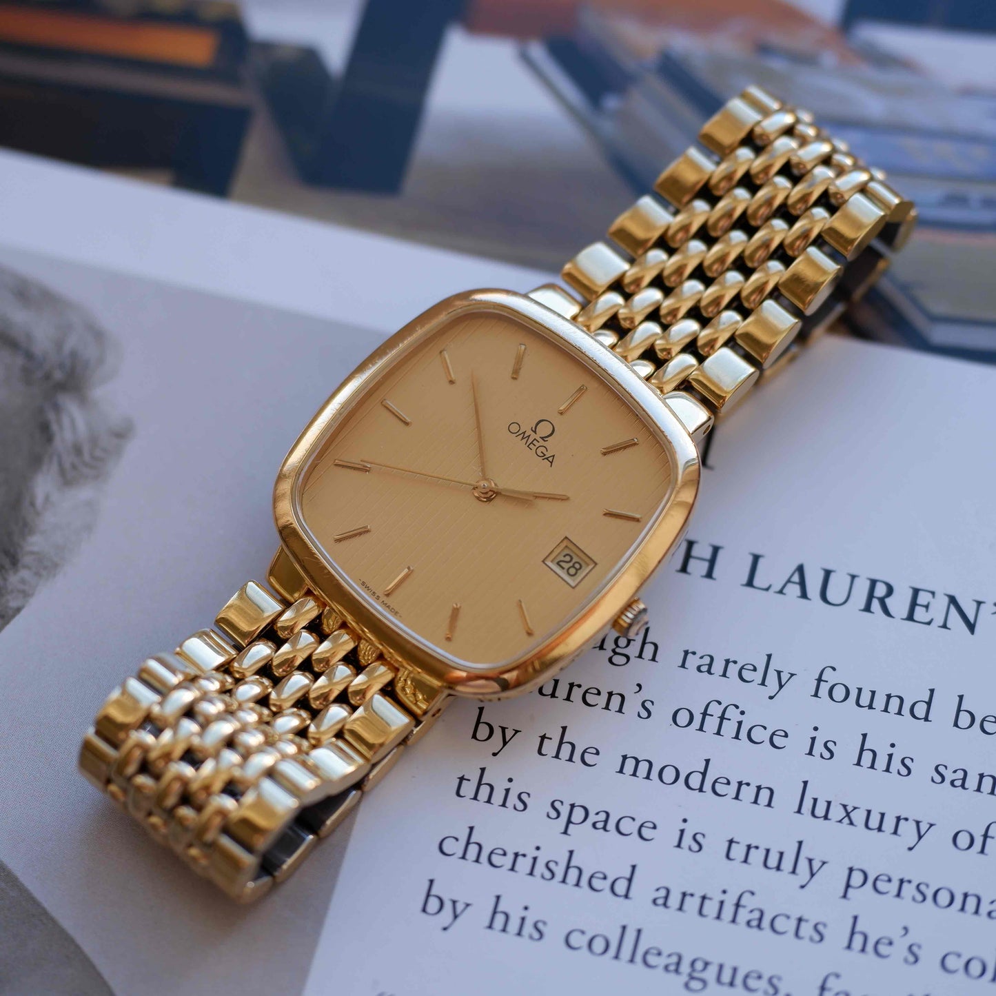 Vintage Omega Gold Plated TV Case Structured Dial Quartz Watch 1980s